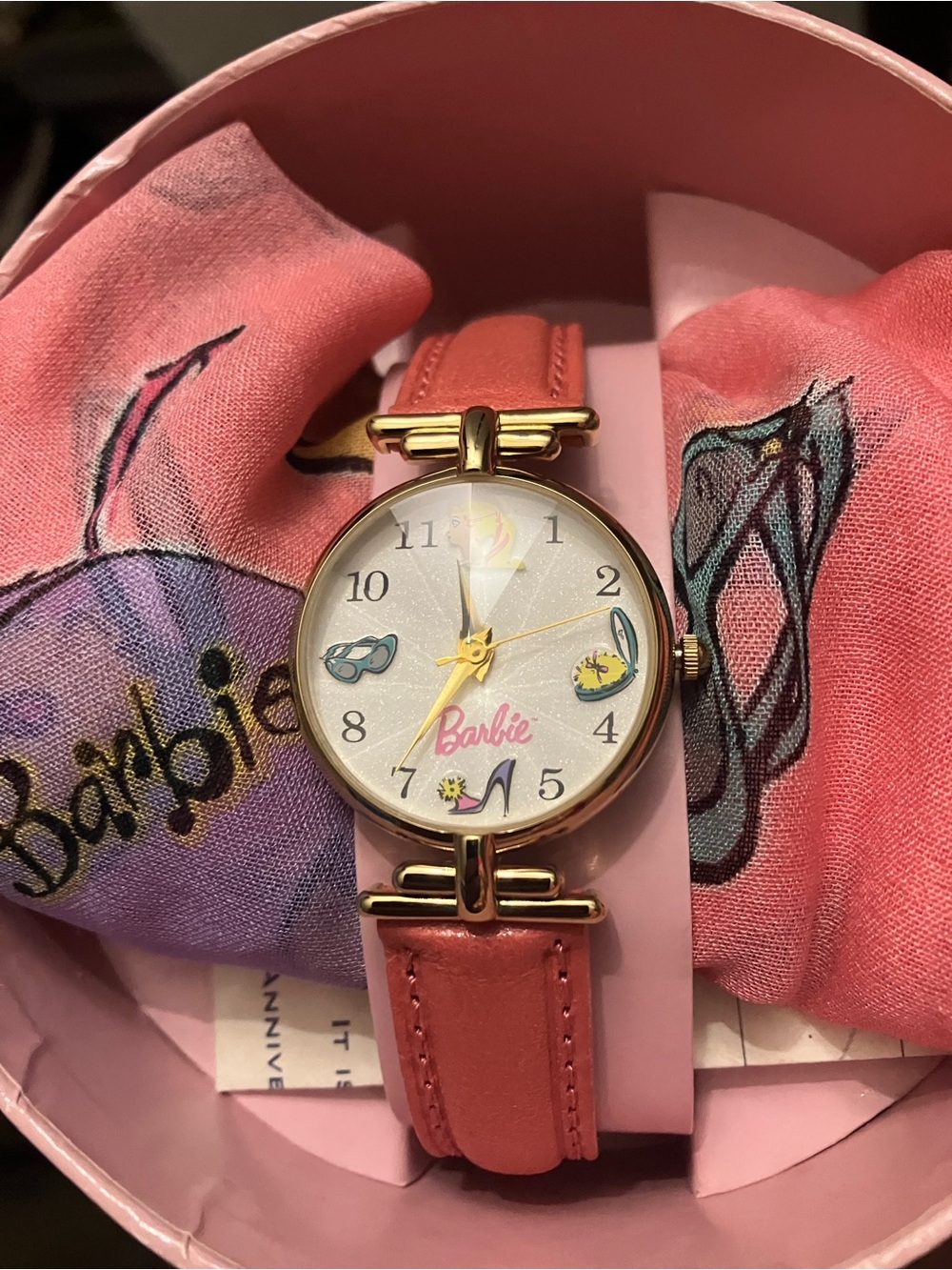 1995 35th Anniversary NWT Barbie Pink Watch & Scarf w/NEW BATTERY INSTALLED